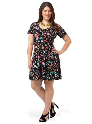 Short Sleeve Floral-Print A-Line Dress