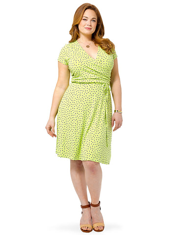 Shirred Surplice Dress In Green Apple Shadow Dots