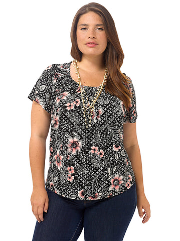 Short-Sleeve Floral Print Pleated Top