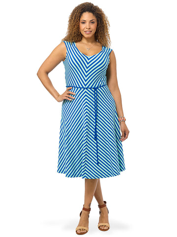 V-neck Shirred Shoulder Dress In Vivid Blue Stripe