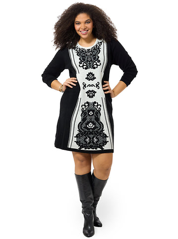 Jacquard Colorblock Shift Dress In Black & Ivory