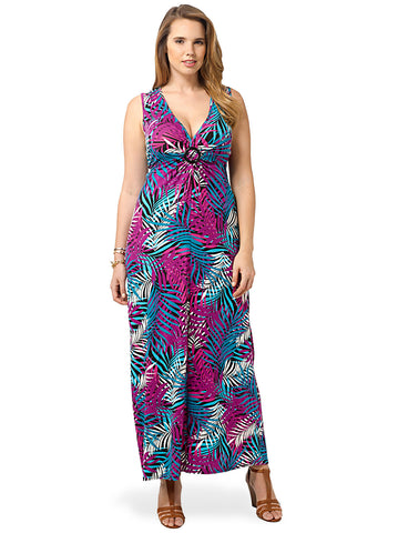 Purple And Teal Tropical Leaf Print Jersey Maxi Dress