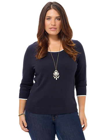 3/4-Sleeve Sweater In Navy & White