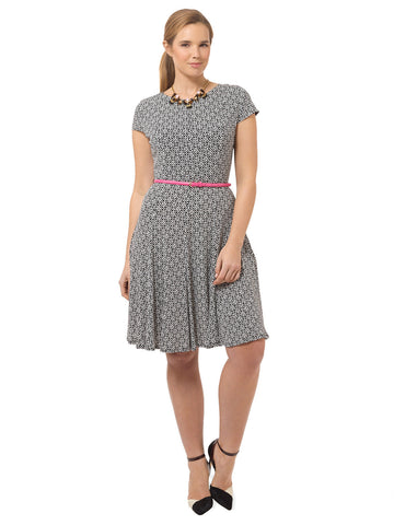 Belted Fit & Flare Dress In Geo Print