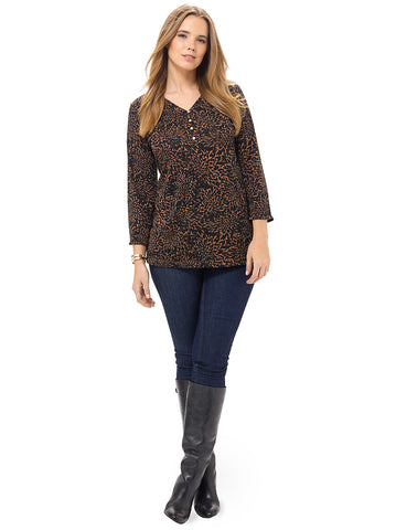 3/4 Sleeve Henley Top In Burnt Floral