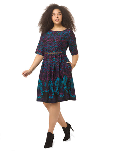 Fit & Flare Scuba Dress In Contrast Teal Print