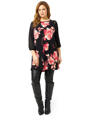Black & Coral Floral Print Tunic With Chiffon Sleeves